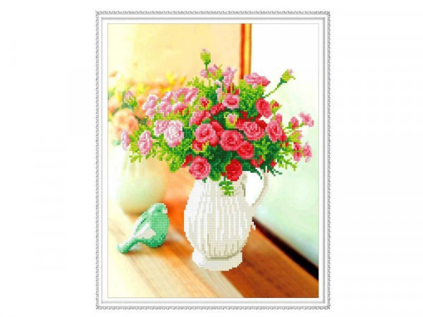 Алмазная мозаика с нанесенной рамкой 40х50 ЦВЕТЫ В КУВШИНЕ (22 цвета)