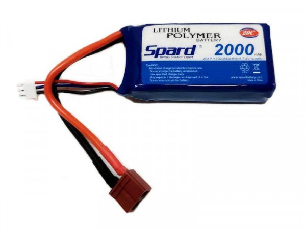 Аккумулятор Li-Po Spard 2000mAh, 7,4V, 20C, T-plug для Remo Hobby 1/16, Himoto 1/18