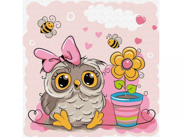 Картина по номерам 20Х20 СОВЁНОК С ЦВЕТКОМ (12 цветов)