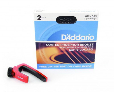 D'ADDARIO EXP16-2DCAPO. струны для акустической гитары EXP16 2 комплекта + каподастр в подарок!