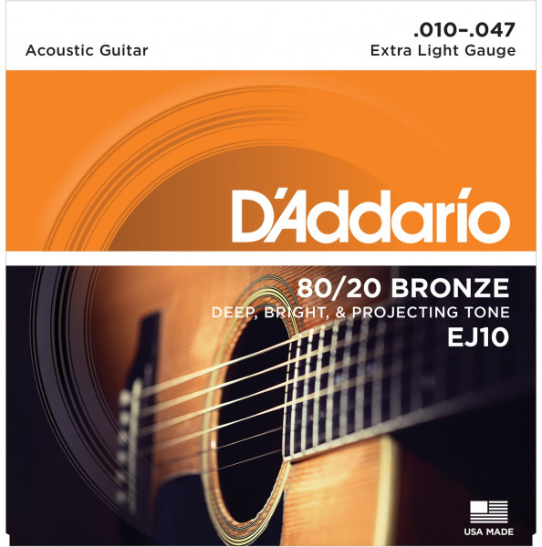 Струны для акустической гитары D'ADDARIO EJ10 бронза 80/20, Extra Light 10-47