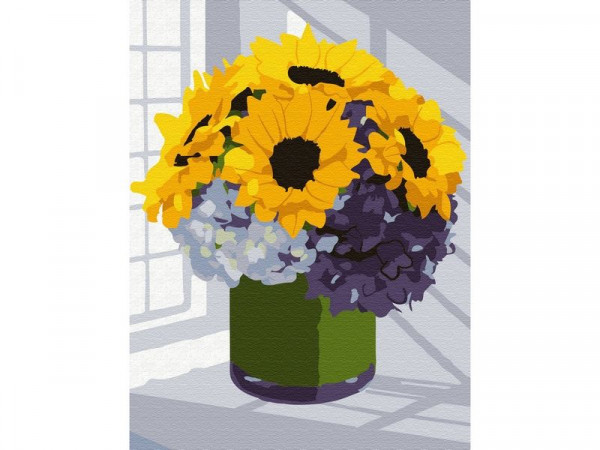 Картина по номерам 15х20 БУКЕТ ПОДСОЛНУХОВ С ГОРТЕНЗИЕЙ (13 цветов)