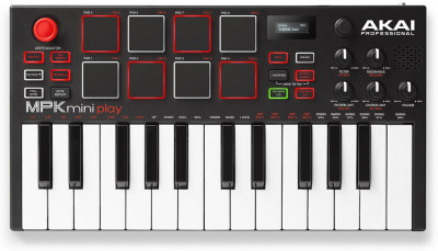 AKAI PRO MPK MINI PLAY USB миди клавиатура, 25 клавиш, 8 пэдов, 8 ручек, работа от батареек, встроенные динамики